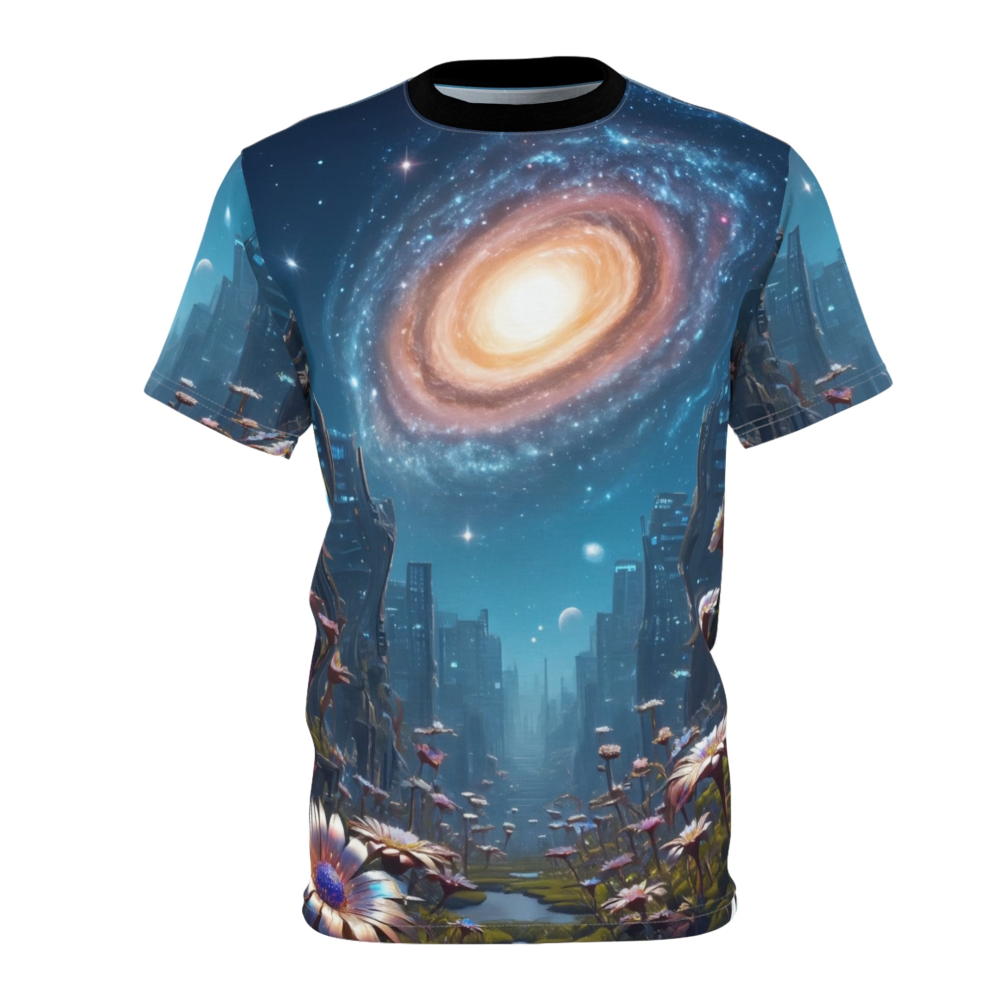 Galactic Garden Tee - Vibrant Space Floral Design