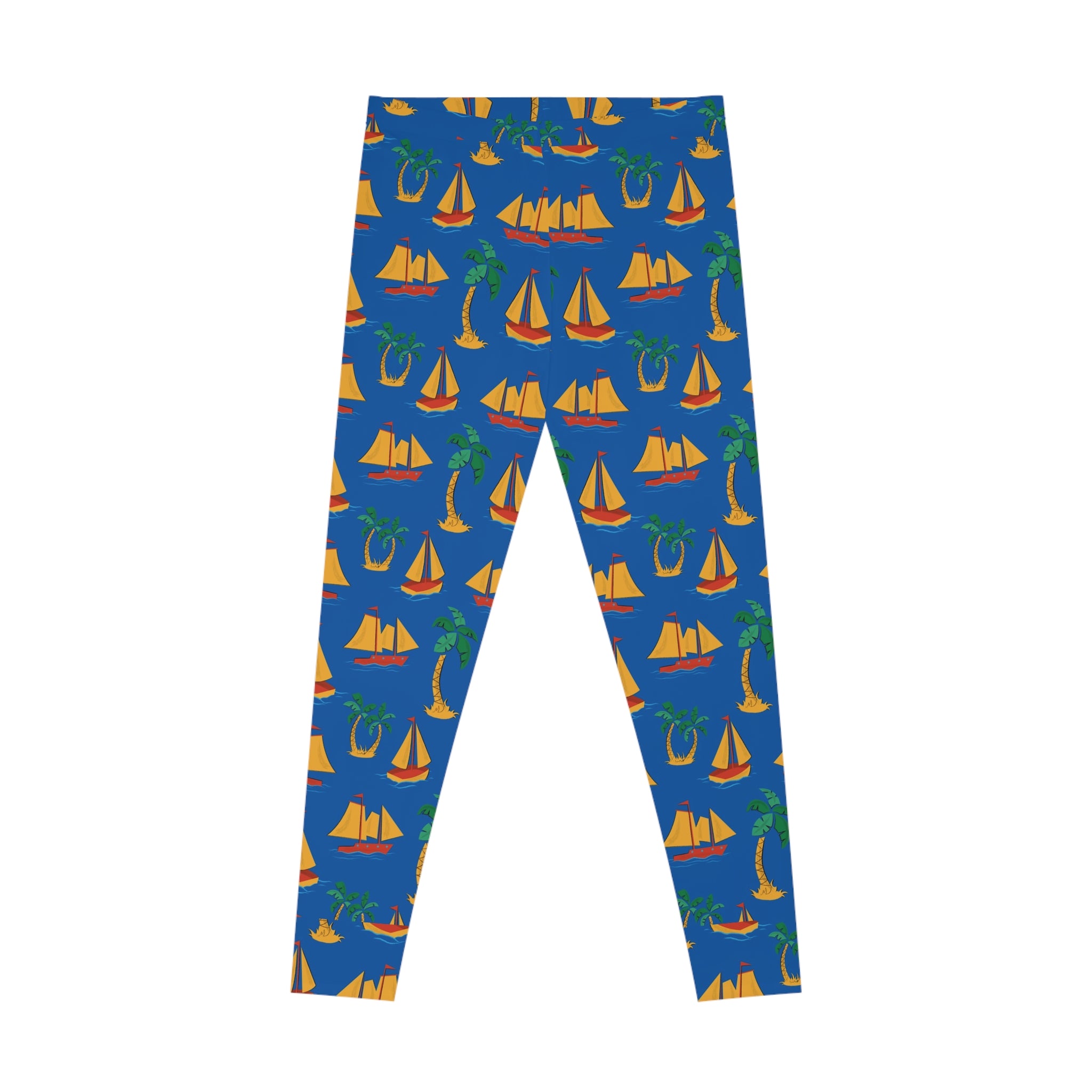 Nautical Paradise Stretchy Leggings - Tropical Sailboat and Palm Tree Design