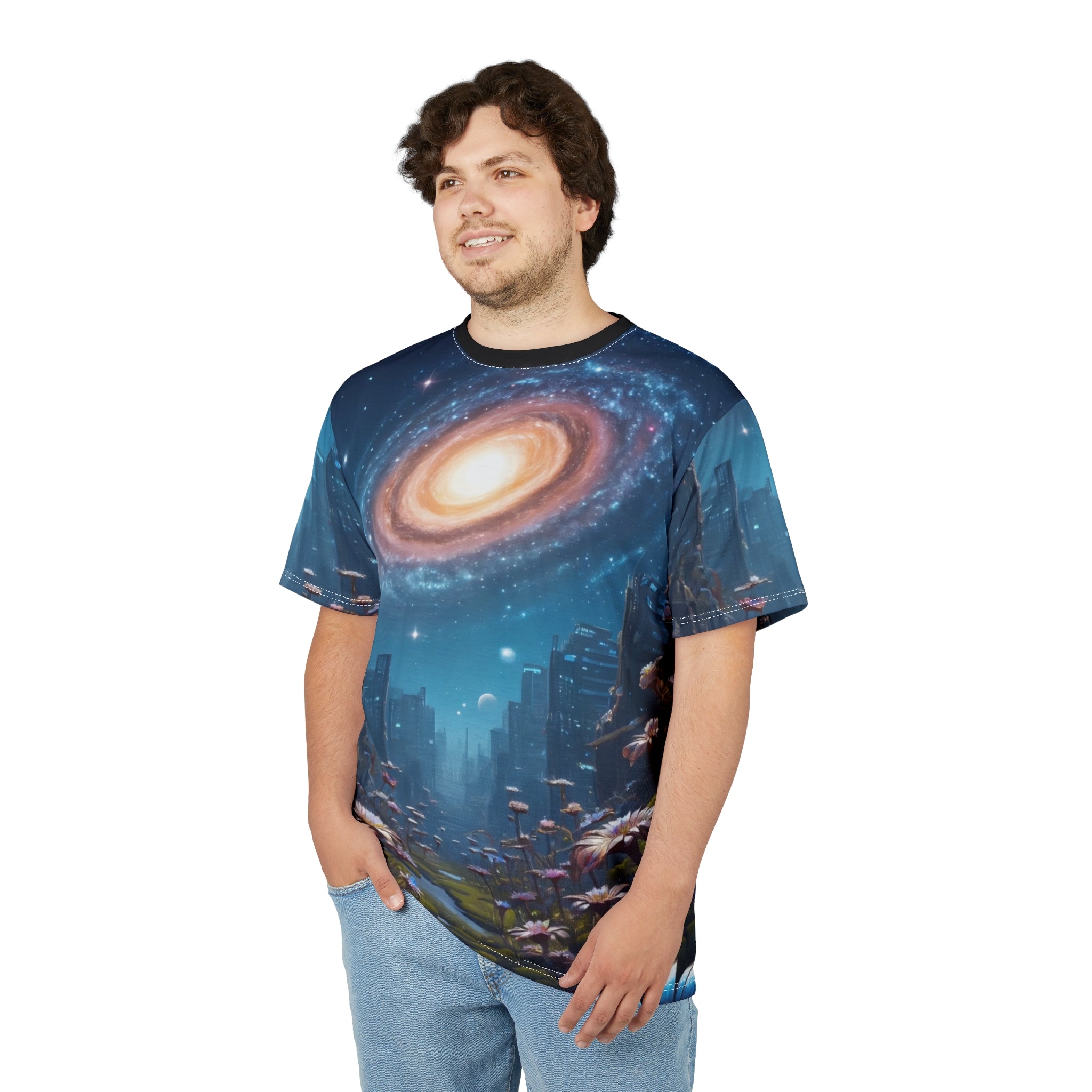Galactic Garden Tee - Vibrant Space Floral Design