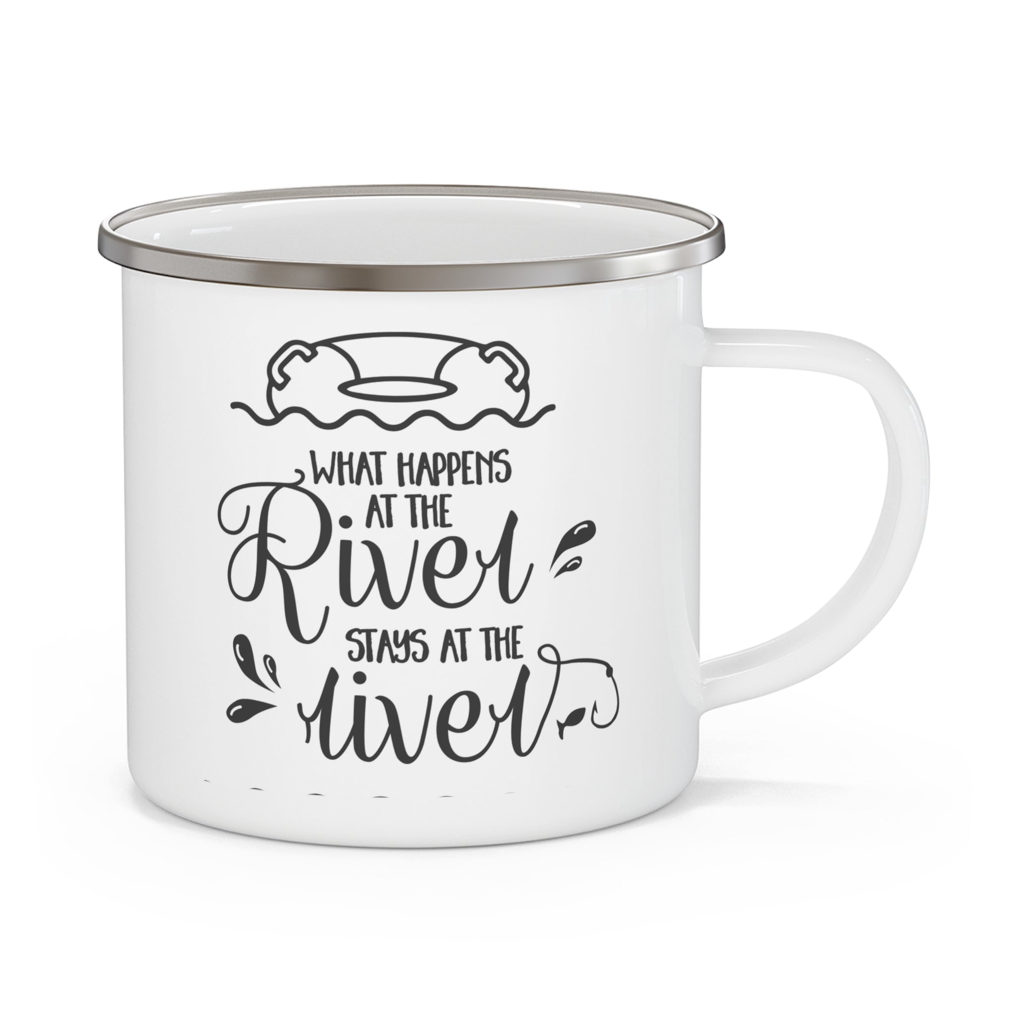 Rustic Enamel Camping Mug - "What Happens at the River Stays at the River" - Perfect for Outdoor Adventures and Gatherings