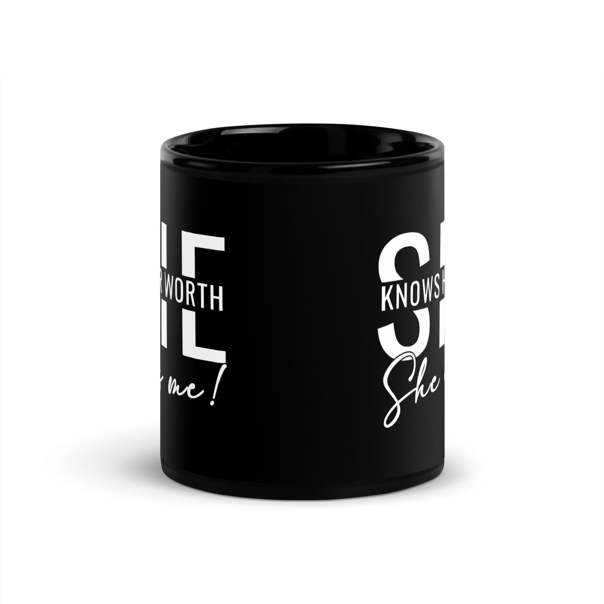 She Knowns Her Work White Print Black Glossy Mug-Phoenix Styles