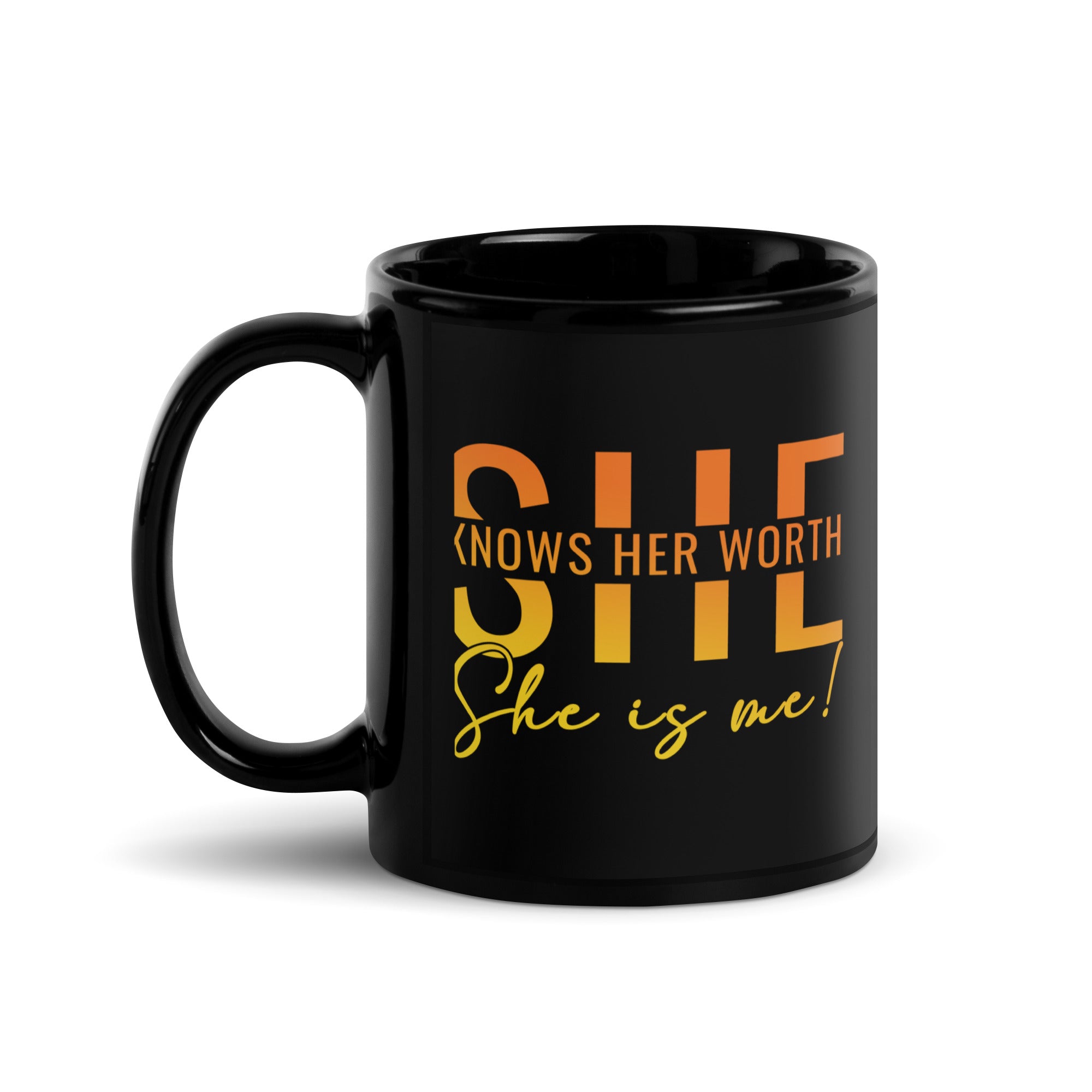 She Knowns Her Worth Black Glossy Mug-Phoenix Styles