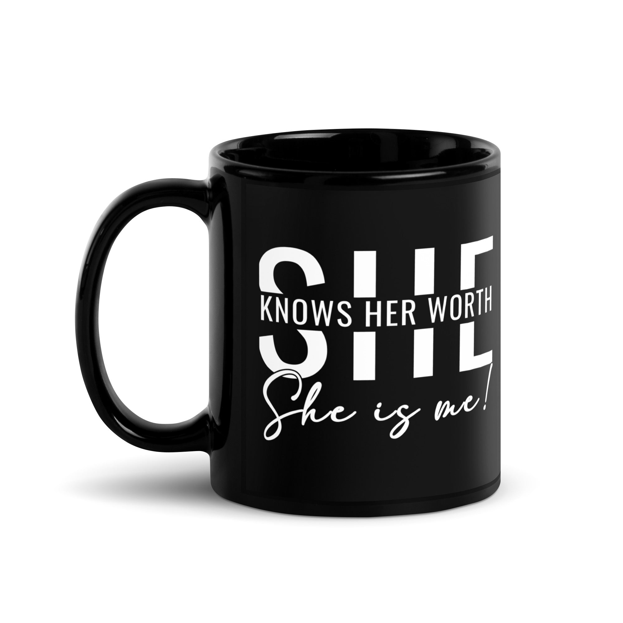 She Knowns Her Work White Print Black Glossy Mug-Phoenix Styles