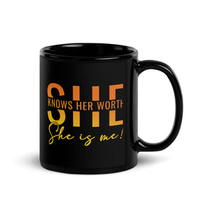 She Knowns Her Worth Black Glossy Mug-Phoenix Styles