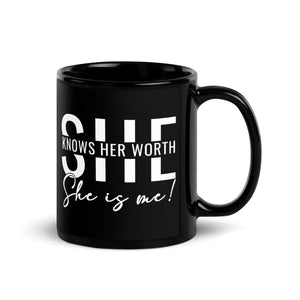 She Knowns Her Work White Print Black Glossy Mug-Phoenix Styles