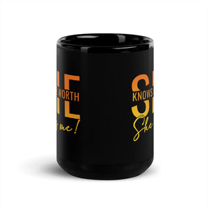 She Knowns Her Worth Black Glossy Mug-Phoenix Styles