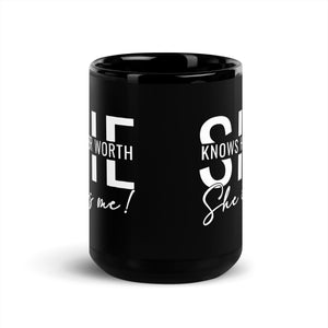 She Knowns Her Work White Print Black Glossy Mug-Phoenix Styles