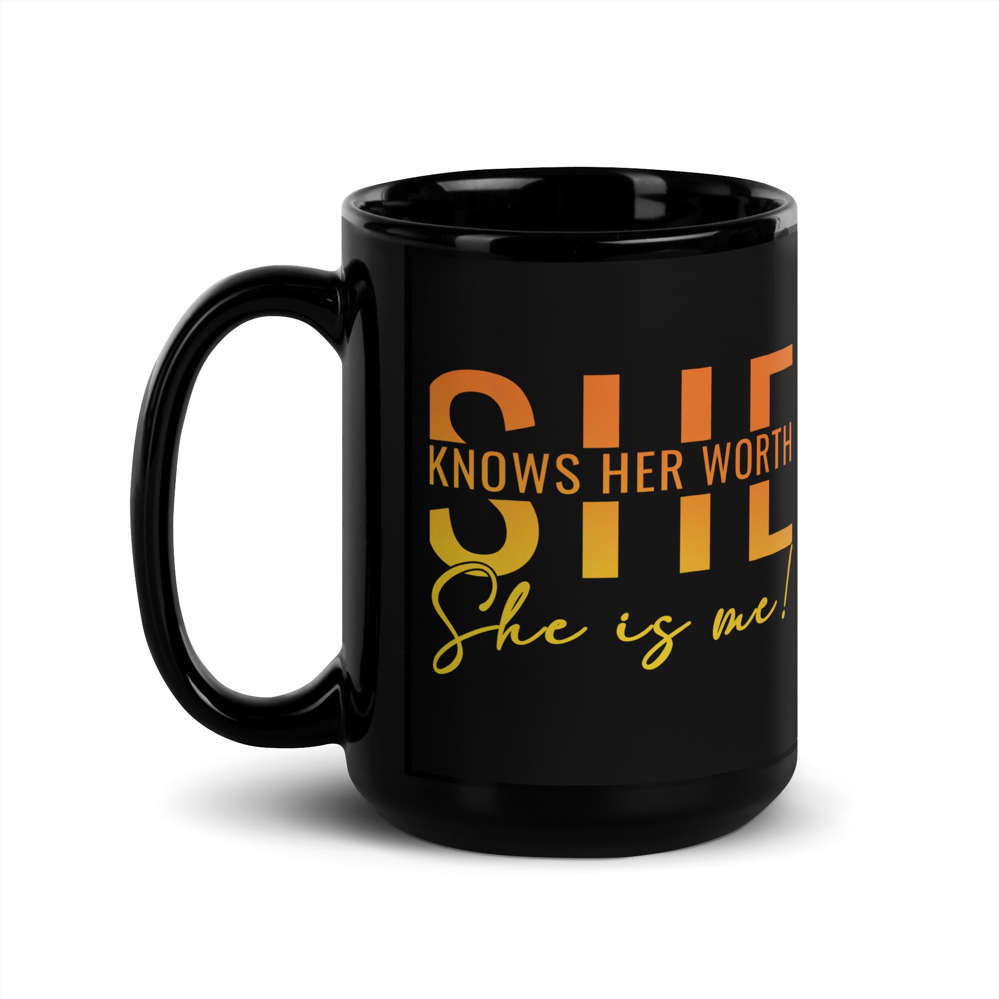 She Knowns Her Worth Black Glossy Mug-Phoenix Styles