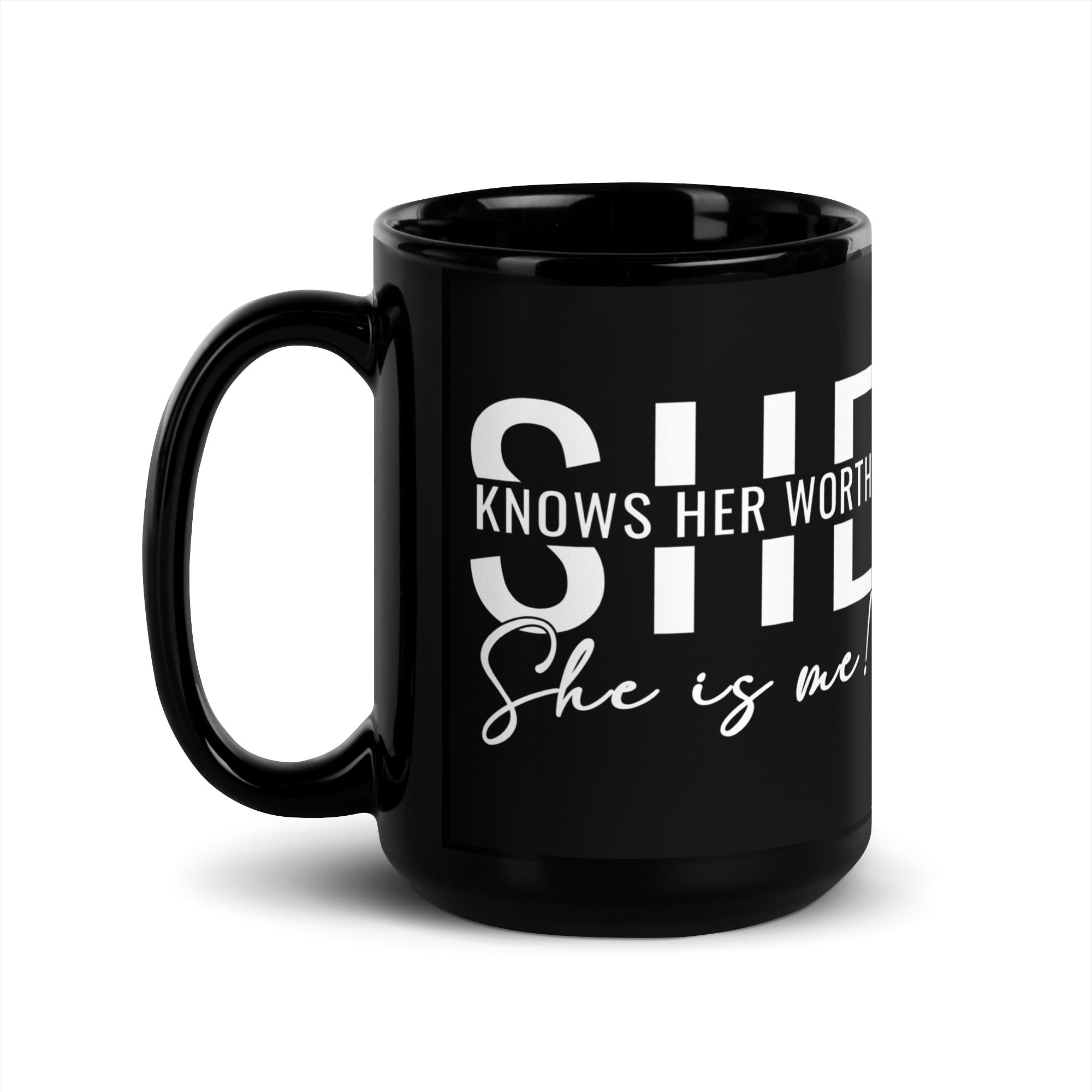 She Knowns Her Work White Print Black Glossy Mug-Phoenix Styles