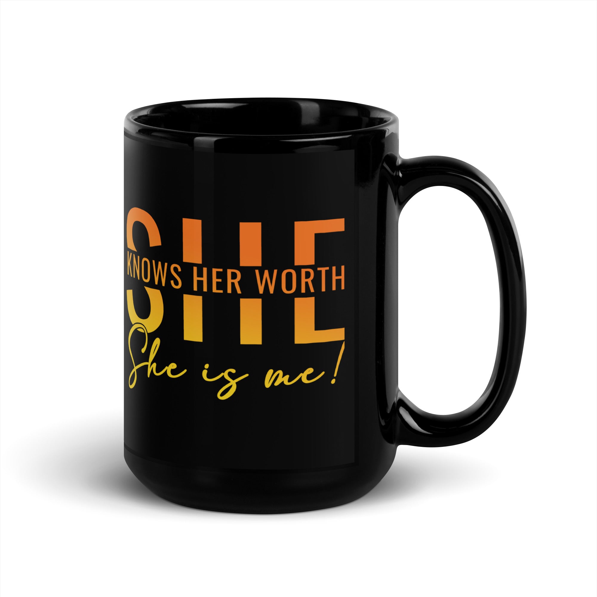 She Knowns Her Worth Black Glossy Mug-Phoenix Styles