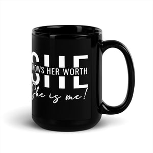 She Knowns Her Work White Print Black Glossy Mug-Phoenix Styles