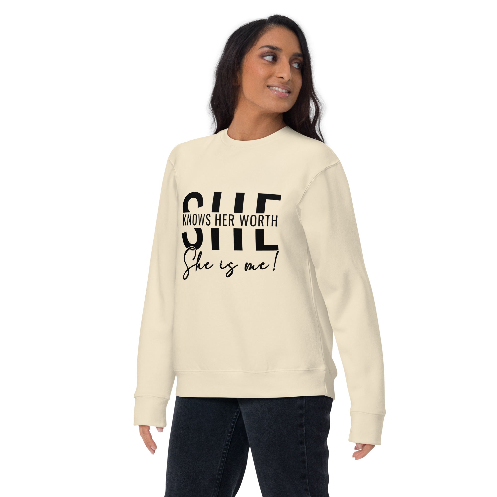 She Knowns Her Worth Black Print Unisex Premium Sweatshirt-Phoenix Styles