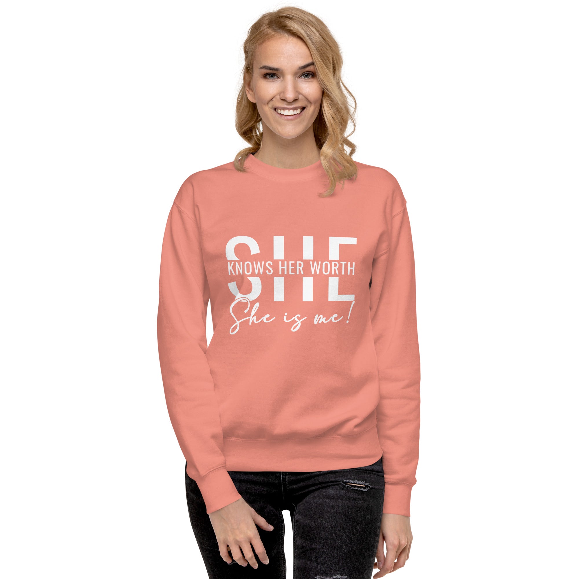 She Knowns Her Worth White Print Unisex Premium Sweatshirt-Phoenix Styles