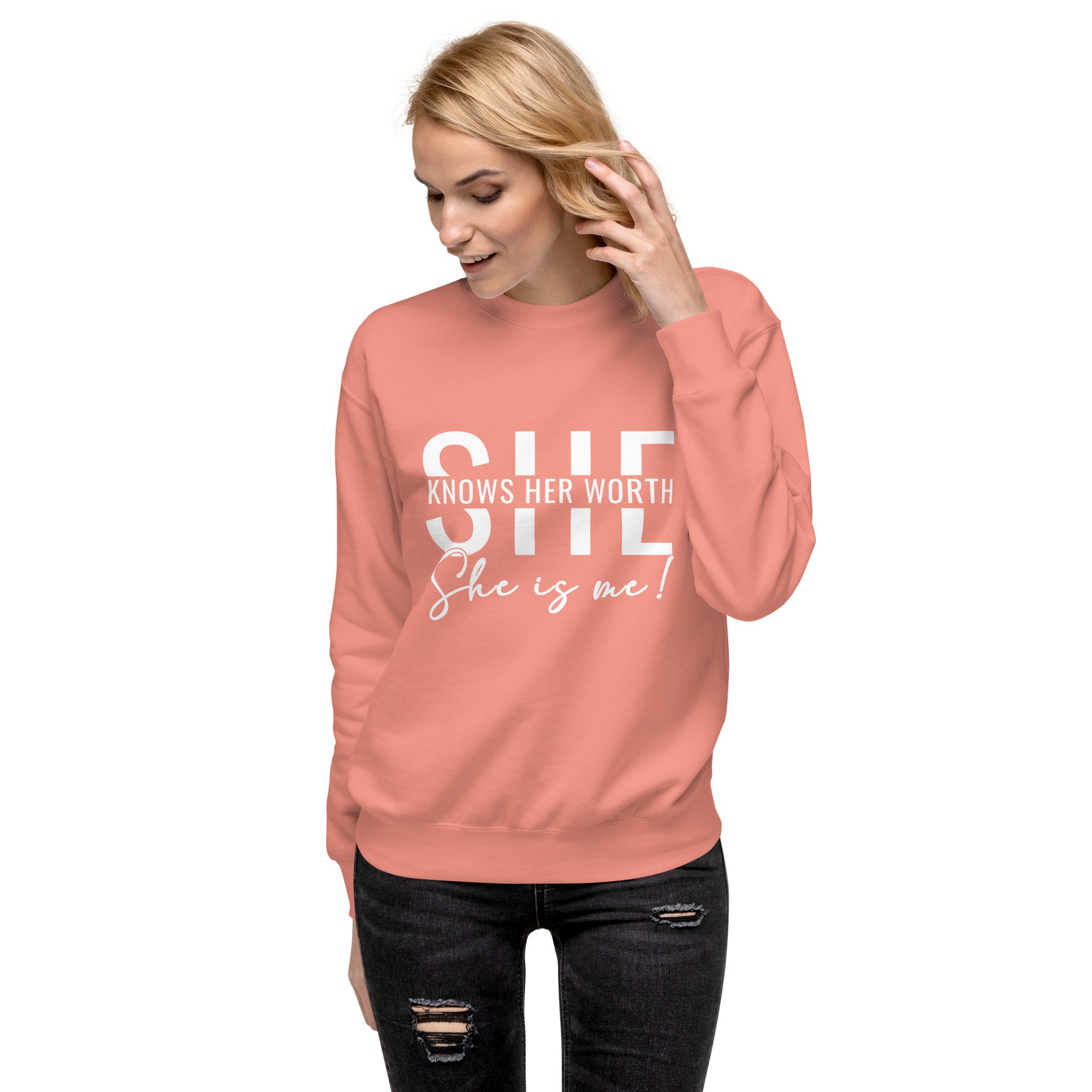 She Knowns Her Worth White Print Unisex Premium Sweatshirt-Phoenix Styles