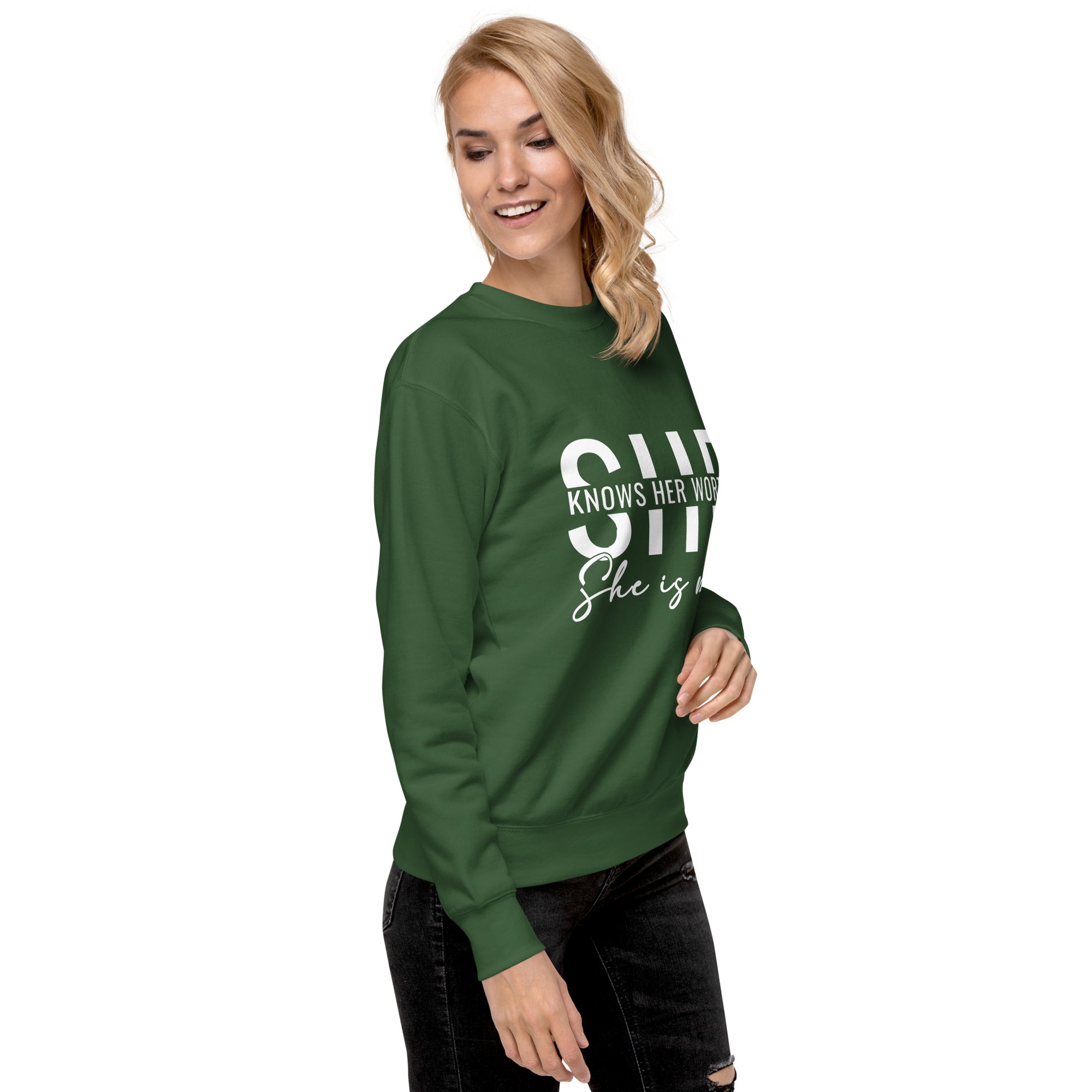 She Knowns Her Worth White Print Unisex Premium Sweatshirt-Phoenix Styles