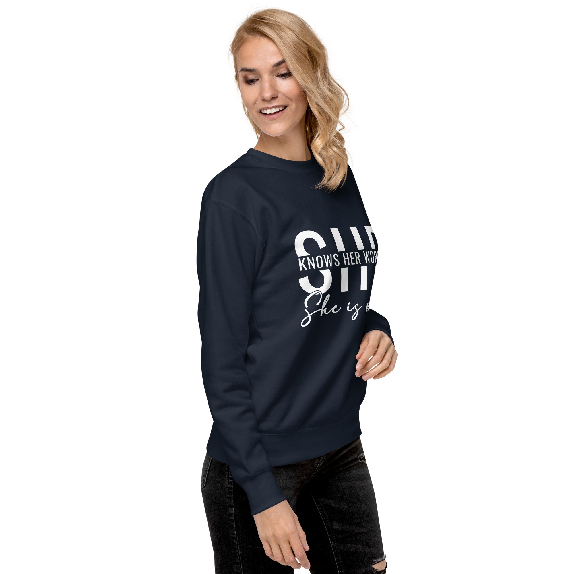 She Knowns Her Worth White Print Unisex Premium Sweatshirt-Phoenix Styles