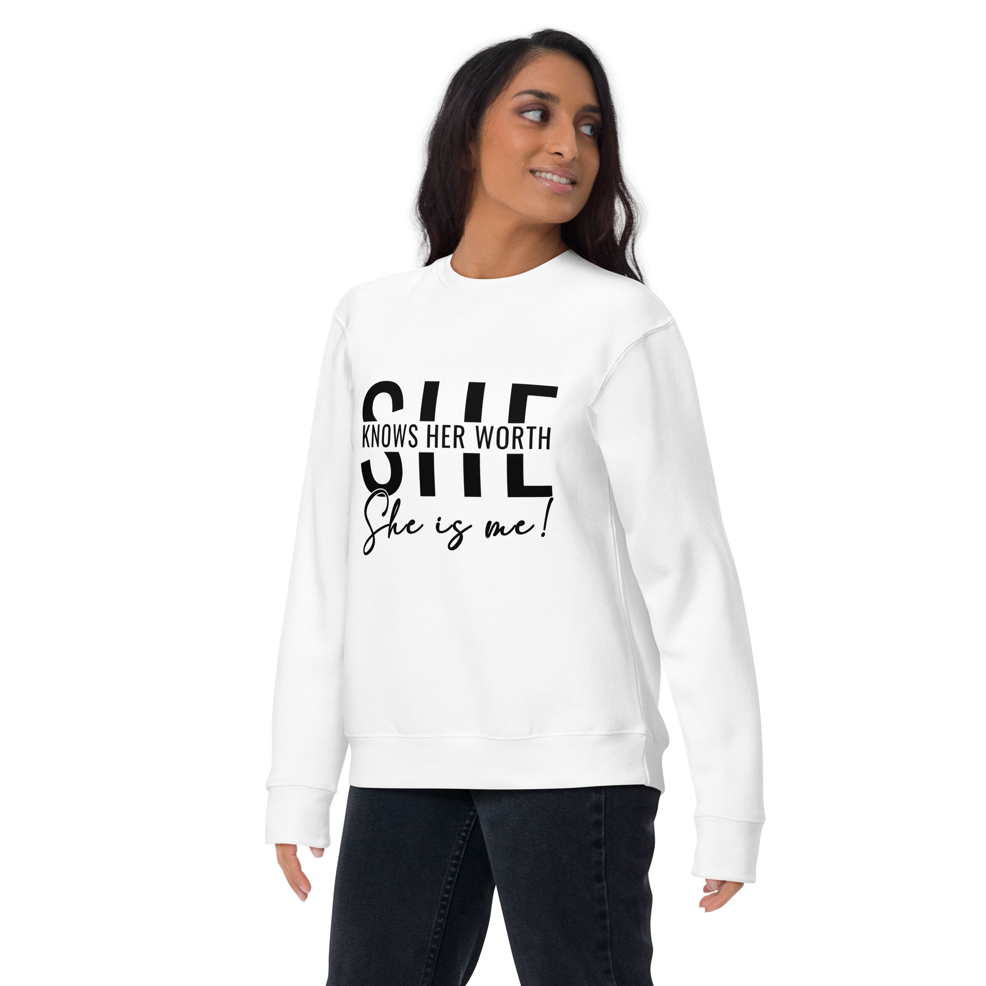 She Knowns Her Worth Black Print Unisex Premium Sweatshirt-Phoenix Styles