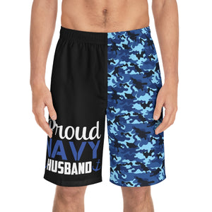 Proud Navy Husband Blue Camo Board Shorts-Phoenix Styles