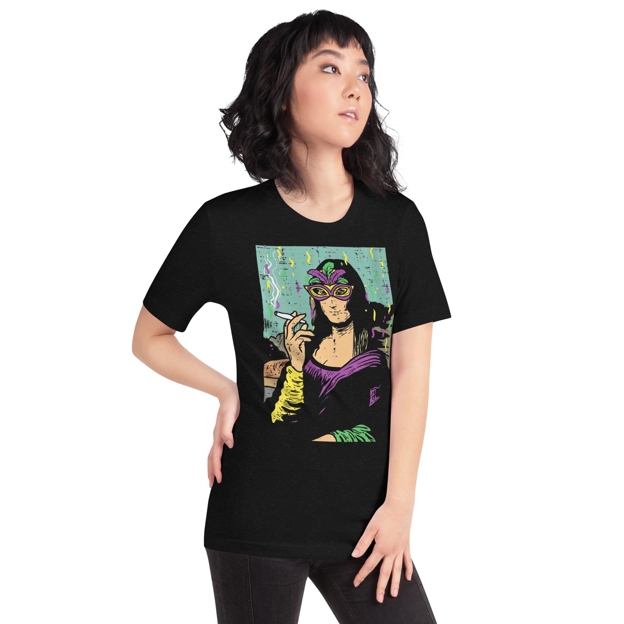 Womens-Mardi-Gras-Mona-Lisa-Smoking-Weed-t-shirt-Phoenix Styles